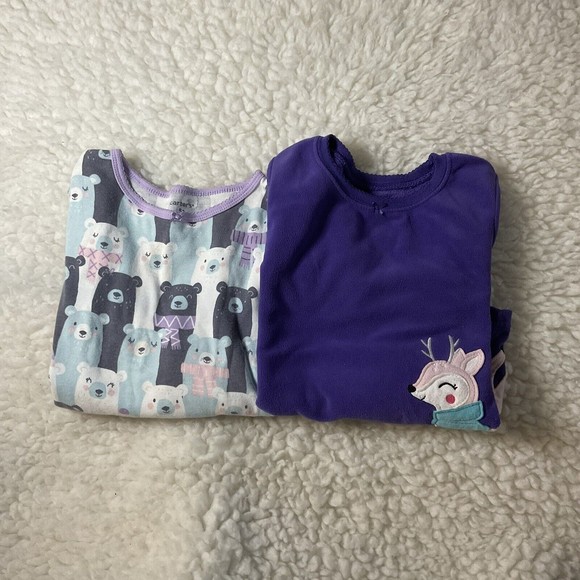Carter's Girls Lot Of 2  Pajama Tops Deer Bear Long Sleeve 4/5T Purple Multi - Picture 1 of 11